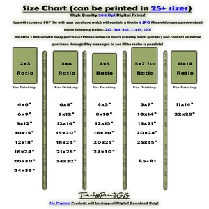 May include: A size chart graphic showing print size ratios, including 2x3, 3x4, 4x5, 5x7, and 11x14. The chart lists various print sizes in inches, such as 4x6, 6x9, 8x12, and more. The text indicates high-quality 300 DPI digital prints.
