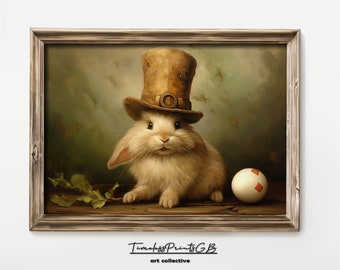 Impresión vintage de conejo de Pascua: retrato de conejo con sombrero (descarga digital)
