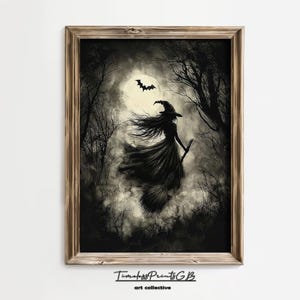Gruselige Hexe Wand Kunst | Vintage Halloween druckbare Hexe auf einem Besen Gemälde | Hexe Poster | Halloween Goth Druck | Gruselige Wohnkultur |