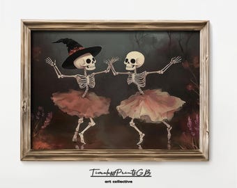 Stampa vintage di Halloween con scheletro di strega: divertenti scheletri danzanti (download digitale)
