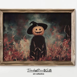 Scarecrow in a Cornfield Printable | Vintage Halloween Spooky Scarecrow Wall Decor | Pumpkin Head Scarecrow Wall Art | Creepy Home Decor