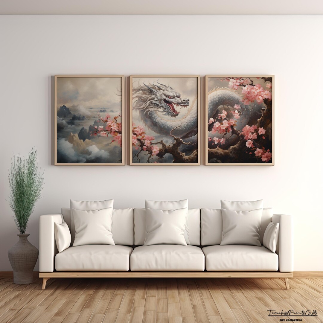 Japanese Dragon Print Set: Cherry Blossom Wall Art (digital Download ...