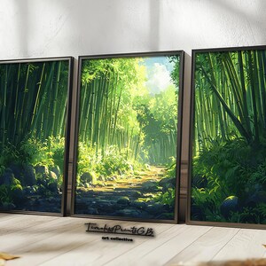 May include: Three framed art prints depicting a bamboo forest scene. The artwork features lush green bamboo stalks, a stone path, and sunlight filtering through the trees. The frames are dark brown.