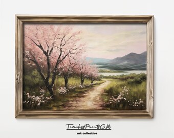 Kirschblüten Landschaftsmalerei: Frühlingsgebilde in den Bergen (Digitaler Download)