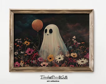 Lámina artística de un fantasma divertido en un campo de flores: Decoración de pared de Halloween (descarga digital)