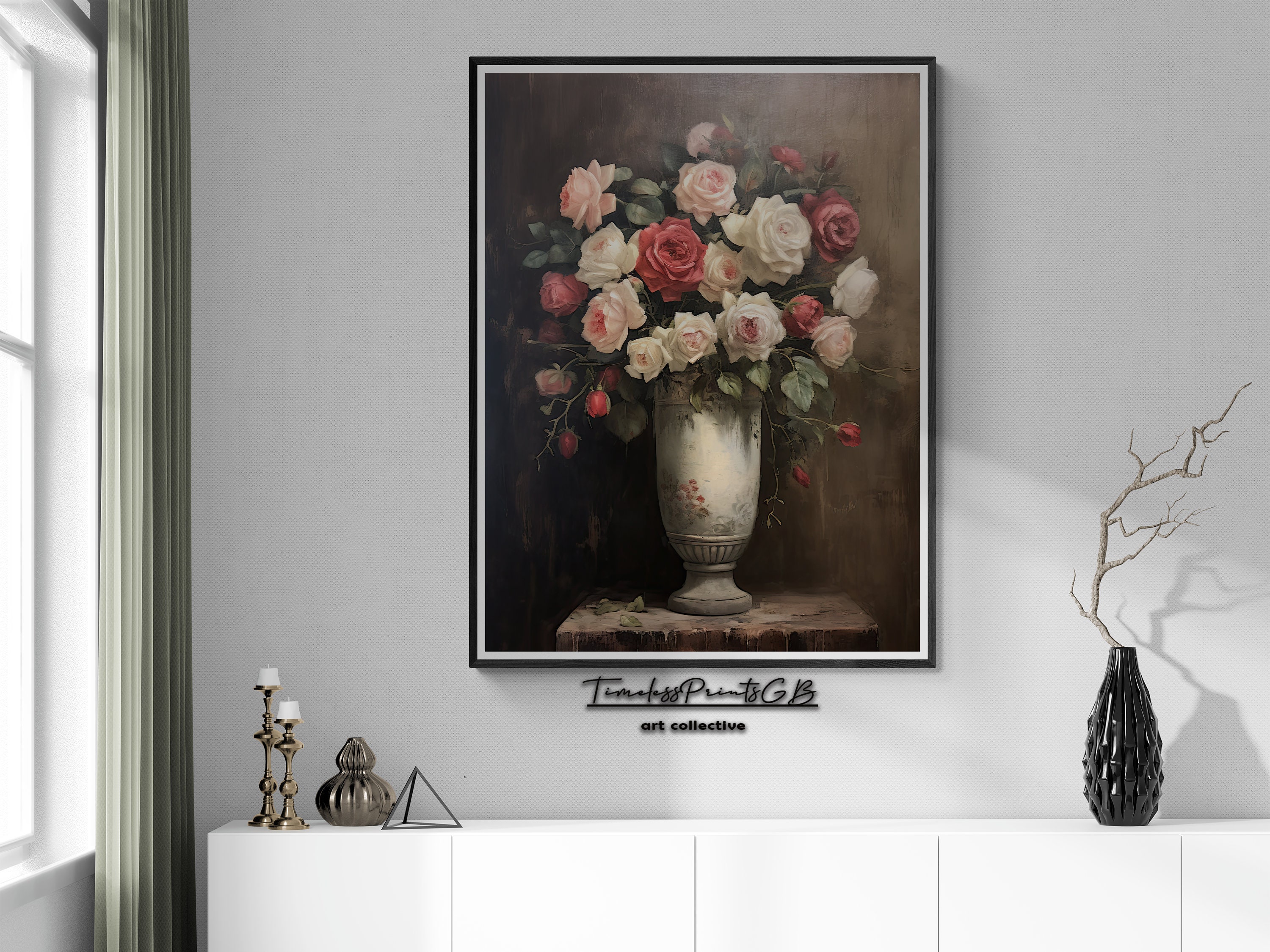Vintage Rose Bouquet Still Life Art Print: Moody Botanical Painting ...