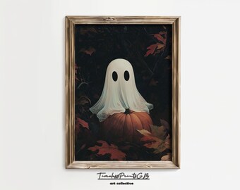May include: A white ghost with two black eyes sits on top of a large orange pumpkin in a dark forest setting. The pumpkin is surrounded by fallen leaves.