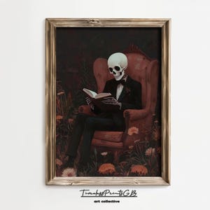 Vintage Halloween Printable Skeleton Decor | Spooky Home Decor | Creepy Skeleton Reading Print | Skeleton Wall Art | Skeleton Poster Art