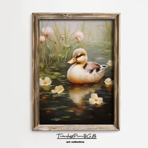 Cute Duckling Spring Decor Printable Duck Wall Art Vintage Farmhouse Decor Duckling with Flower Painting Animal Print Baby Duck Poster
