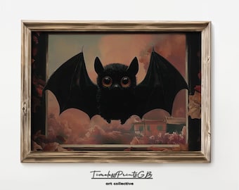 Halloween Cute Bat Art Print | Vintage Halloween Printable Bat Poster | Cute Bat Wall Art | Spooky Home Decor | Halloween Animal Art