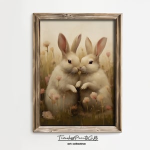 White Rabbit Print in a Wildflower Field Wall Art Spring Decor Bunny Couple Poster Vintage Bunny Painting Farmhouse Decor Floral Printable