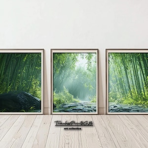 May include: Three framed prints of a lush green bamboo forest with a path leading through the center. The prints are arranged in a row on a white wall.