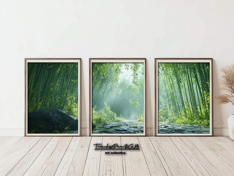 May include: Three framed prints of a lush green bamboo forest with a path leading through the center. The prints are arranged in a row on a white wall.