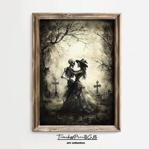 Vintage Skeleton Couple Wall Art | Halloween Printable Skeleton | Married Skeletons Goth Poster Art | Skeletons in the Graveyard Home Decor