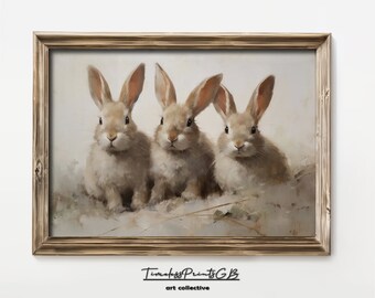 Vintage Easter Bunny Print: 3 Bunnies in Wildflower Field (Digital Download)