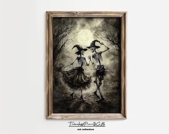 Vintage Skeleton Couple Wall Art | Halloween Printable Cute Skeleton | Funny Skeleton Couple Poster Art | Skeletons Dancing Home Decor