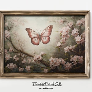 Printable Butterfly Spring Decor on Cherry Blossom Wall Art Pink Flower Print Nature Scenery Painting Botanical Print Butterfly Poster