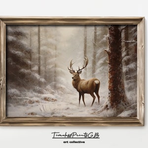Christmas Reindeer Vintage Printable Stag in Forest Wall Art Christmas Deer Poster Winter Animal Home Decor Snowy Forest Scenery Painting
