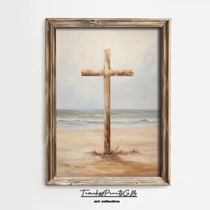 Cross in the Sand Printable Easter Wall Art Cross Living Room Decor Religious Christian Painting Wooden Cross Digital Download