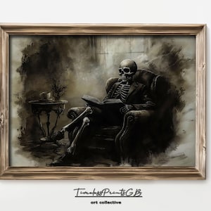 Creepy Skeleton Reading Print | Vintage Halloween Printable Skeleton Decor | Skeleton Wall Art | Skeleton Poster Art | Spooky Home Decor