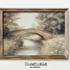 PRINTABLE Bridge Landscape Oil Painting Vintage Bridge Wall Art Print Vintage Country Farmhouse Decor Bridge over River Digital Download