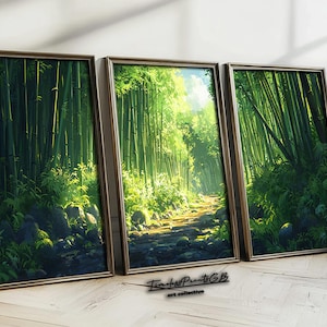 May include: Three framed art prints depicting a bamboo forest scene. The artwork features lush green bamboo stalks, a path, and sunlight filtering through the trees. The frames are a warm brown color, and the overall aesthetic is serene and natural.