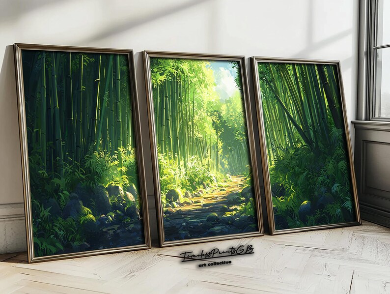 May include: Three framed art prints depicting a bamboo forest scene. The artwork features lush green bamboo stalks, a path, and sunlight filtering through the trees. The frames are a warm brown color, and the overall aesthetic is serene and natural.