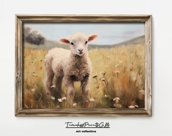 Vintage Lamb in Flower Field Art Print: Easter Spring Decor (Digital Download)