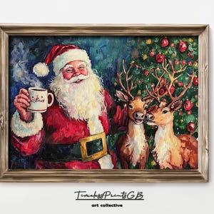 Impressão de Papai Noel Alegrador Papai Noel com Renas Arte de Parede Pôster de Natal Papai Noel Alegre Decoração de Casa Papai Noel Levantando sua Caneca Pintura