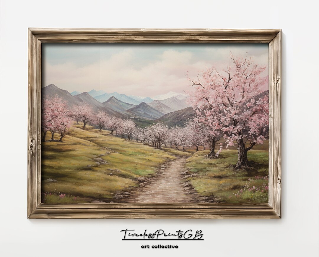 Vintage Cherry Blossom Landscape Print: Spring Mountain Painting ...