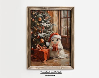 Cute Christmas Ghost Printable in a Santa Hat Wall Art by the Christmas Tree Poster with his Present Home Decor Cute Christmas Holiday Art