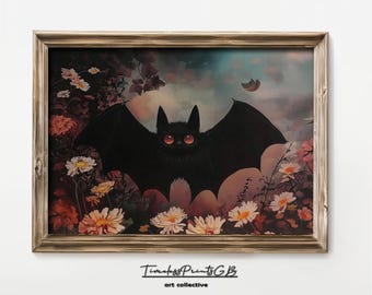 Vintage Halloween Bat Art Print: Spooky Floral Poster (Digital Download)