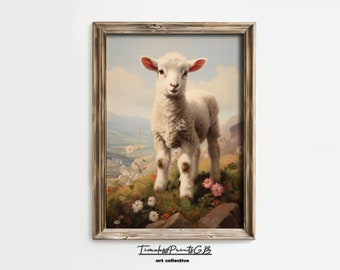 Spring Lamb on a Floral Hill Poster Lamb Print Easter Cute Sheep Wall Art Vintage Animal Home Decor Lamb Art Print Spring Decor