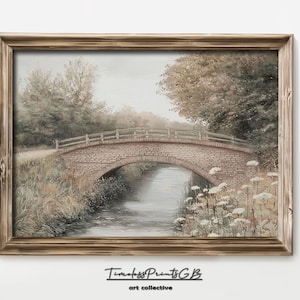 PRINTABLE Bridge Landscape Oil Painting Vintage Country Farmhouse Decor Vintage Oil Painting Bridge Wall Art Print Scenery Digital Download