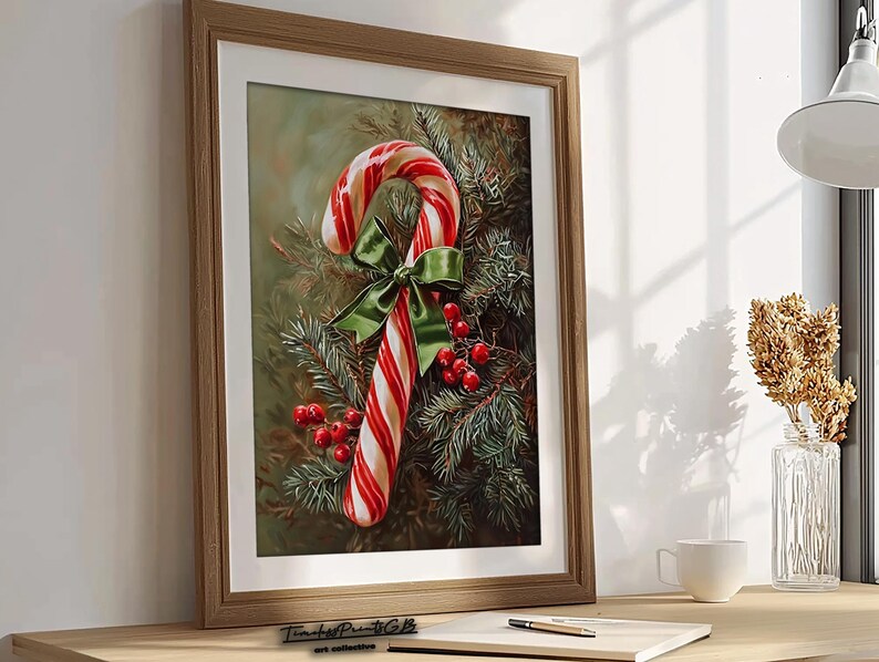 May include: A framed print featuring a candy cane with red and white stripes, a green bow, and red berries, set against evergreen branches. The artwork is displayed on a wooden surface.