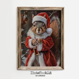Cute Squirrel Print Dressed as Santa Wall Art Christmas Squirrel in Santa Hat Home Decor Squirrel Portrait for Holiday Decor Animal Poster