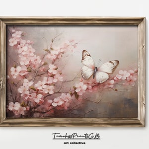 Printable Butterfly on Cherry Blossom Wall Art Pink Flower Spring Decor Nature Scenery Painting Botanical Print Butterfly Poster Pink Decor