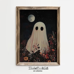 Floral Ghost Wall Art | Vintage Halloween Printable Ghost Home Decor | Cute Ghost Print |Ghost in a Flower Field Art Print |Ghost Poster Art