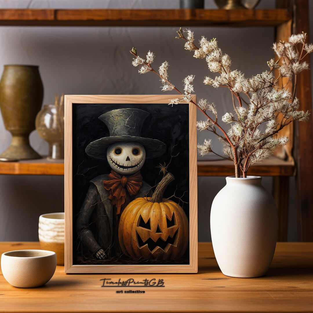 Creepy Halloween Wall Art Snowman With Pumpkin Vintage Home Decor Scary
