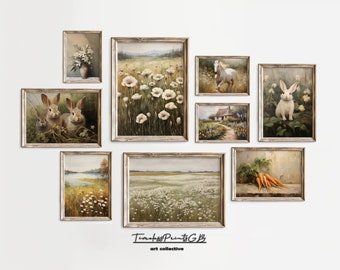 May include: A collection of framed art prints featuring various nature scenes, including a field of white flowers, a white rabbit, a horse running through a field, a cottage with a path, and two rabbits sitting together. The prints are all in rustic-style frames with a white background.