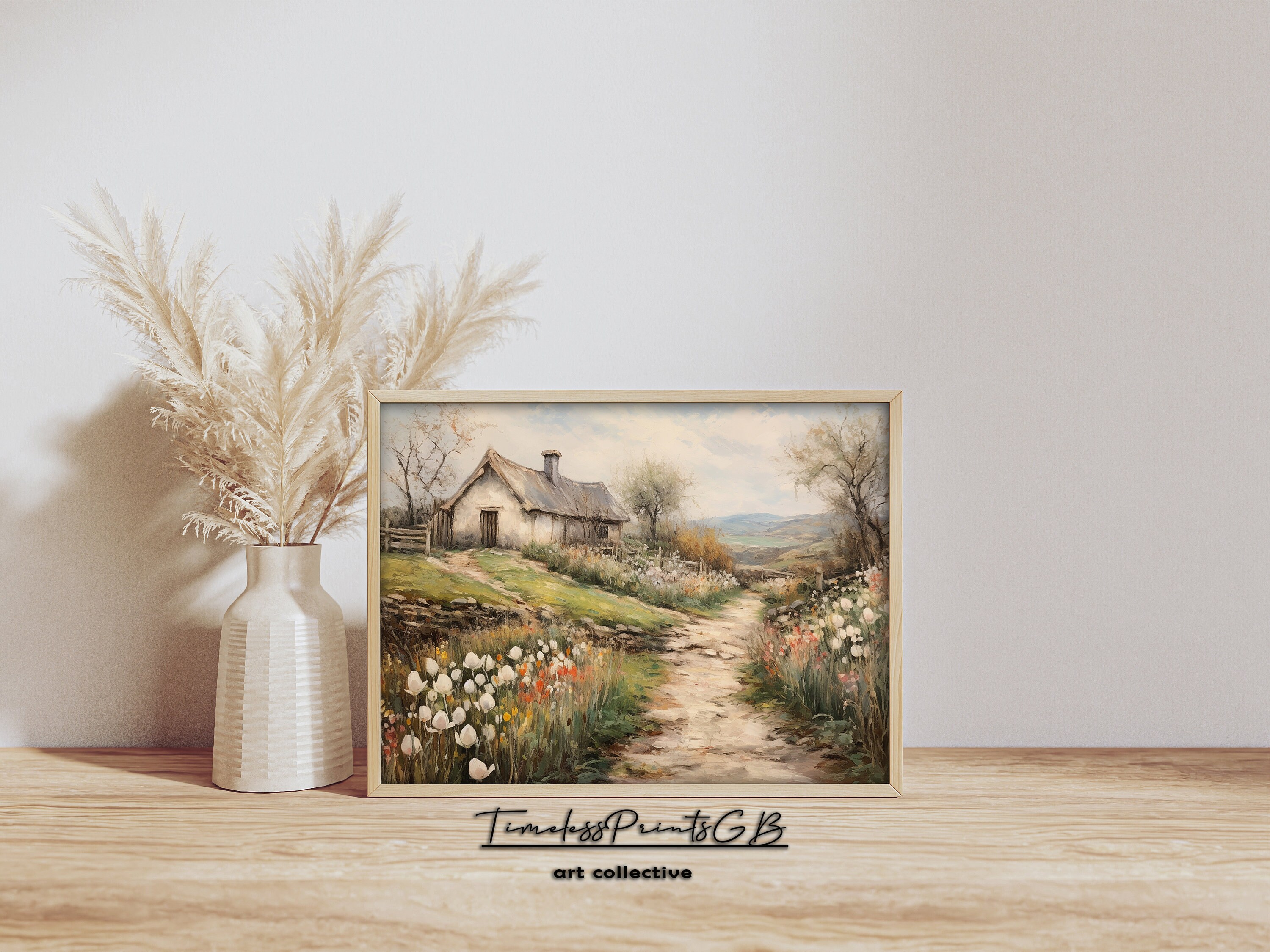 Vintage Farmhouse Landscape Painting: Spring Cottage Wall Art (digital ...