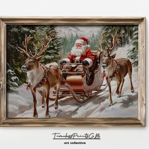 Santa on a Sleigh Printable Christmas Santa Claus Wall Art Holiday Santa with Reindeers Home Decor Vintage Santa Claus Painting Santa Poster