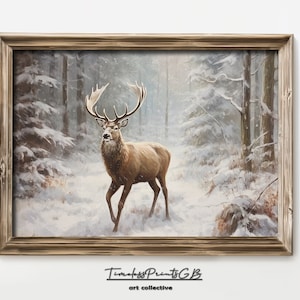 Stag in Forest Wall Art Christmas Reindeer Vintage Printable Christmas Deer Poster Winter Animal Home Decor Snowy Forest Scenery Painting