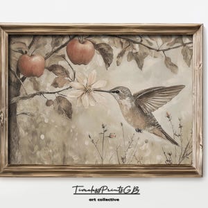 Arte de pared de colibrí imprimible de Apple Tree Print Vintage Cottagecore Decoración Lindo paisaje natural Impresión de arte de pájaro Descarga digital Póster de pájaro
