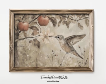 Vintage Kolibri Print: Cottagecore Apfelbaum Bild (Digitaler Download)