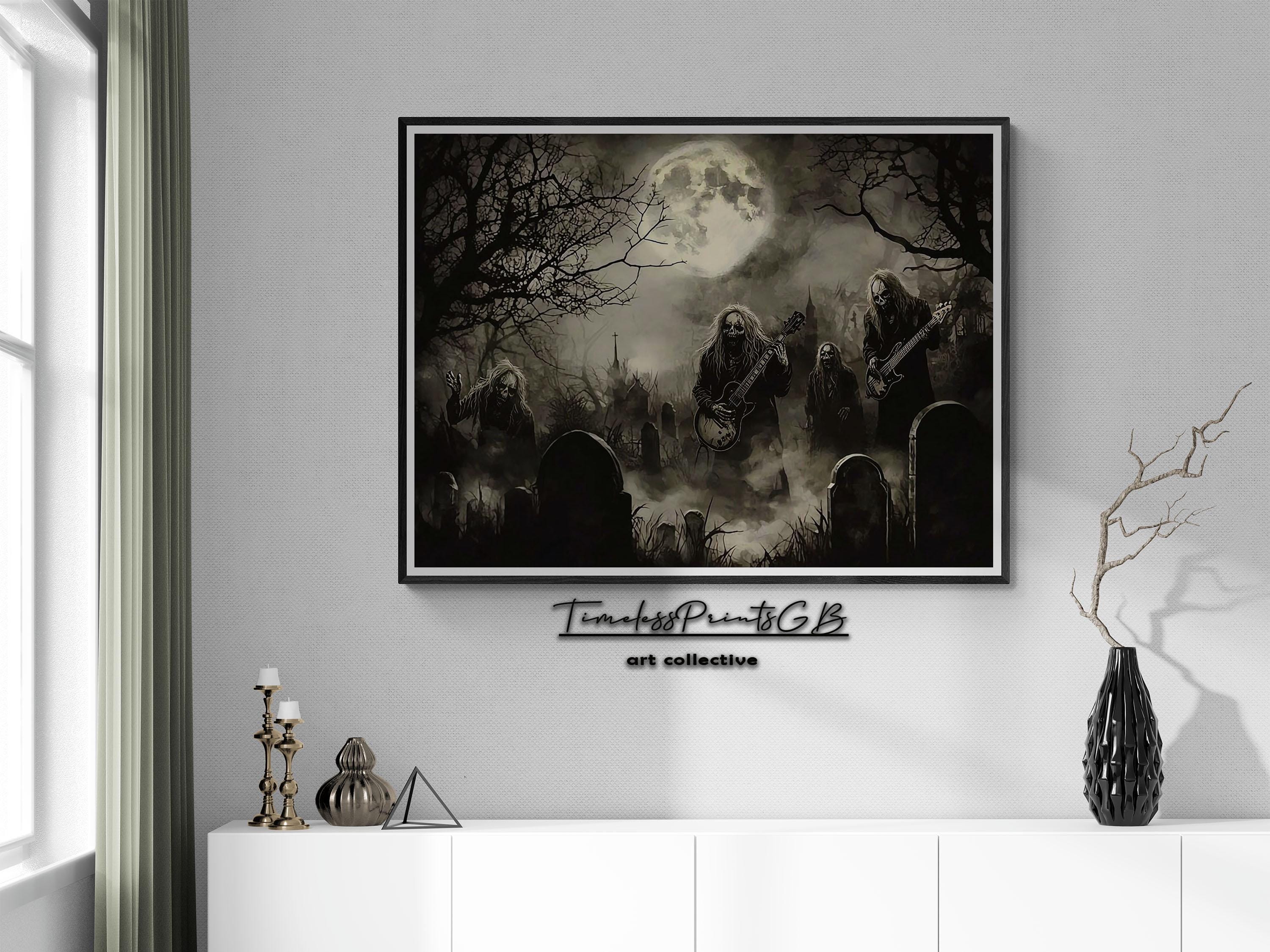 Vintage Zombie Rock Band Graveyard Print: Spooky Halloween Art