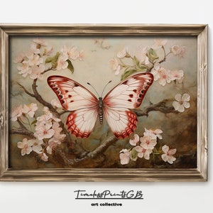 Butterfly Wall Art Cherry Blossom Spring Decor Pink Floral Printable Nature Scenery Painting Botanical Print Butterfly Poster Pink Decor