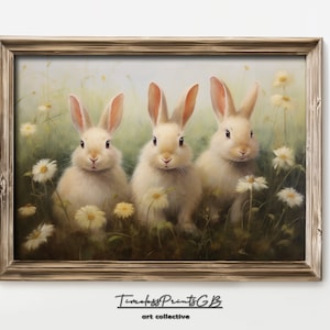 White Rabbit Print in a Wildflower Field Wall Art Spring Decor Vintage Bunny Painting Farmhouse Decor Floral Bunny Couple Poster Cute Art