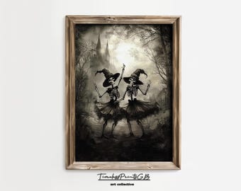 Funny Skeleton Witch Print: Dancing Skeletons Halloween Home Decor (Digital Download)