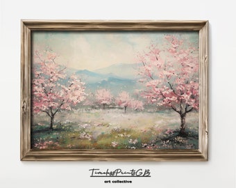 Cherry Blossom Landscape Painting: Vintage Spring Decor (Digital Download)